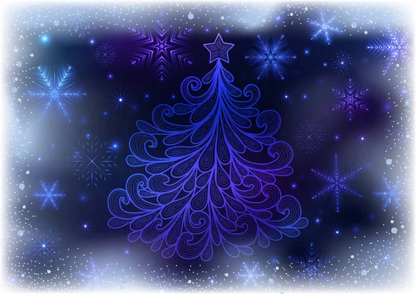 Illustration Fond Noël Avec Flocons Neige Néon Arbre Gribouillis Abstrait — Image vectorielle