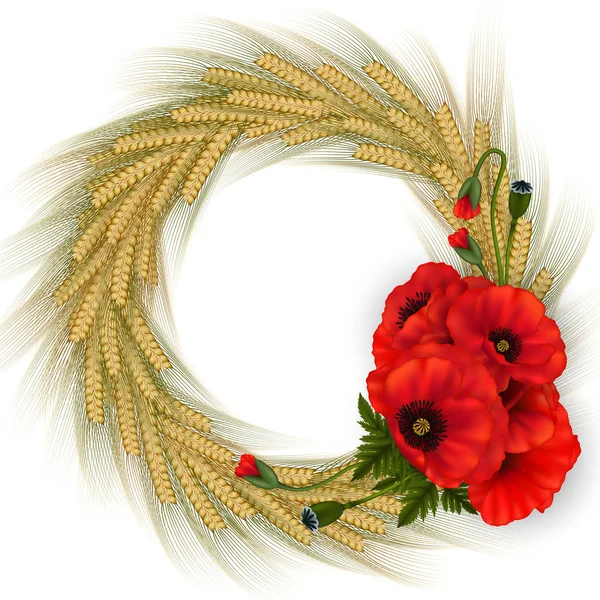 Düğün Tebrik Davetiye Kart Buğday Kulak Çelenk Haşhaş Çiçeklerle Izole — Stok Vektör