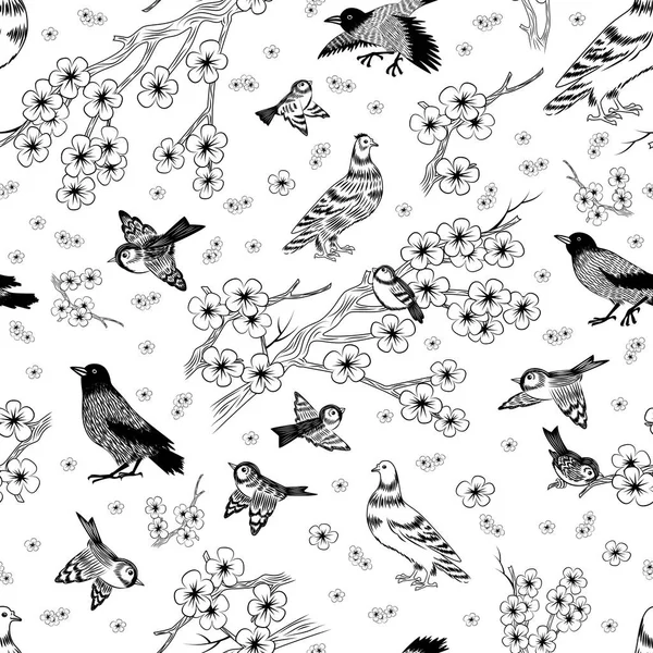 Illustration Seamless Pattern Hand Drawn Magpies Sparrows Pigeons Cherry Blossom — Stock Vector