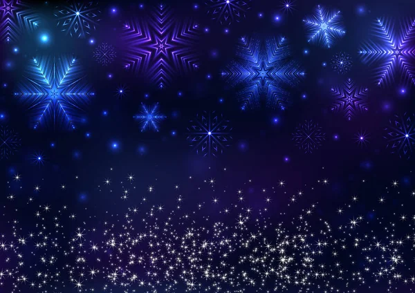 Ilustración Fondo Navidad Con Copos Nieve Neón Destellos Estrellas — Vector de stock