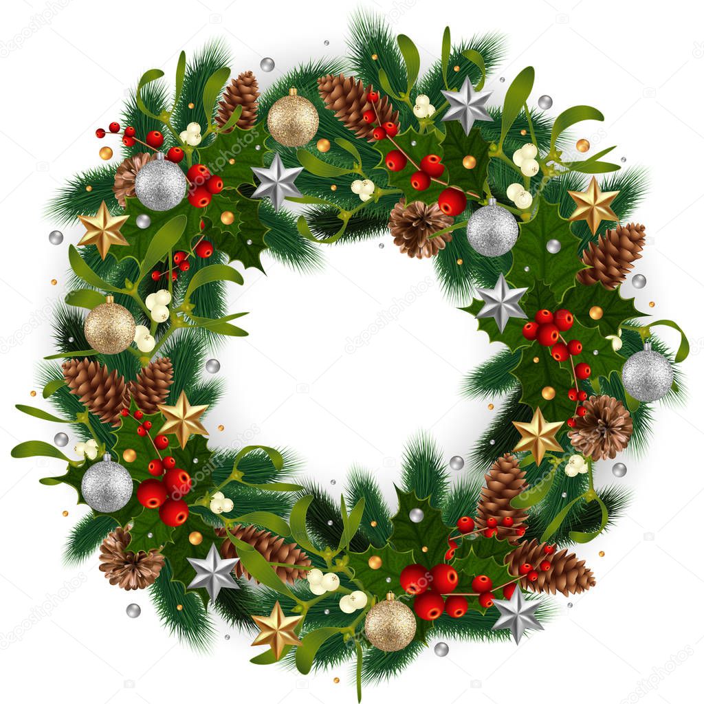 Illustration of Christmas wreath with fir tree branches, mistletoe, holly berries, fir and pine cones, balls and stars isolated