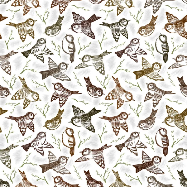Ілюстрація Безшовного Візерунка Намальованими Руками Птахами Гілочками Ескіз Горобців Гілочок Ліцензійні Стокові Вектори
