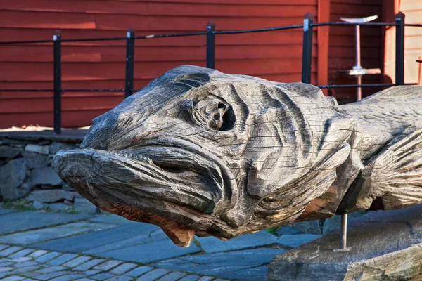 Sculptuur Van Een Kabeljauw Bryggen Bergen Noorwegen — Stockfoto