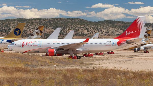 Teruel, Spain - August 17, 2020: VIM Airlines Airbus A330-200 stored at Teruel Airport, Spain