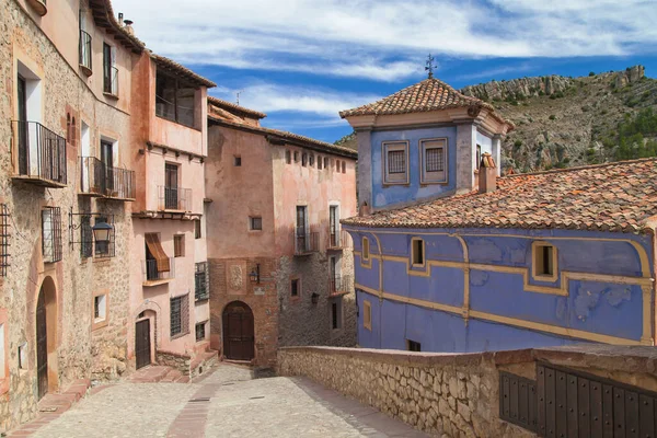 Chorro Street Blue House Albarracin Teruel España —  Fotos de Stock