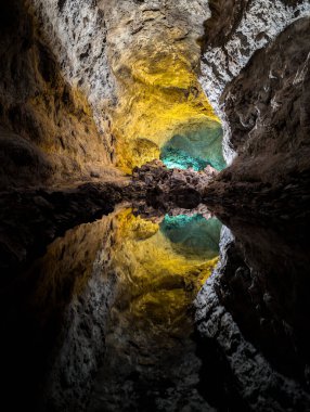 Cueva de los Verdes, Lanzarote, Kanarya Adaları, İspanya 'da lav tüneli yansıması. Lav tüpü hala yansıyan bir havuzda mükemmel bir şekilde yansıtılıyor ve bu ünlü volkanik mağarada çarpıcı bir optik illüzyon yaratıyor..