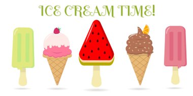 Beş farklı tatlı dondurma metin ile bir arka plan üzerinde bir dizi.