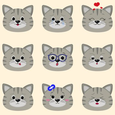 Şirin gri kedi yüz karikatür tarzı farklı duygular ile kümesi.