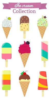 Dokuz farklı tatlı dondurma beyaz arka plan ve metin ile pembe kurdele kümesi.