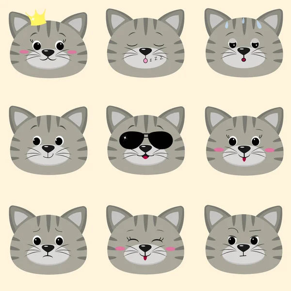 Ensemble de mignon visage de chat gris avec différentes émotions dans le style de dessin animé . — Image vectorielle