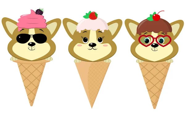 A set of three cute Corgi puppies in the form of ice cream. — Stock Vector