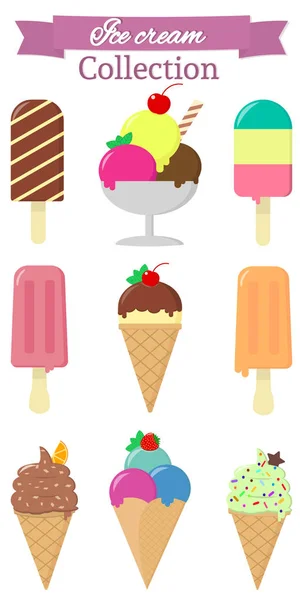 Set of nine different sweet ice cream on white background and pink ribbon with text. — Stock Vector