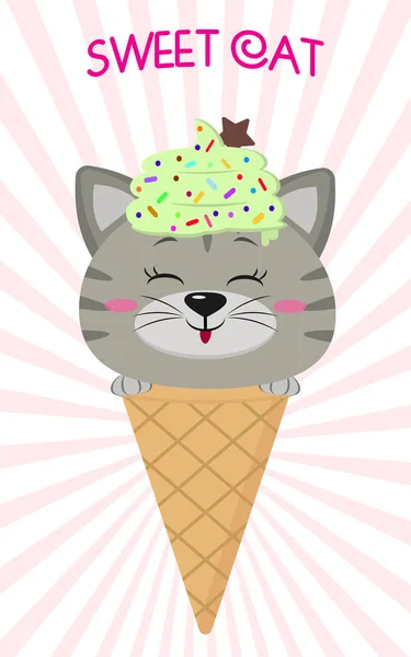 아이스크림, 만화 스타일의 이미지에 귀여운 회색 고양이. — 스톡 벡터