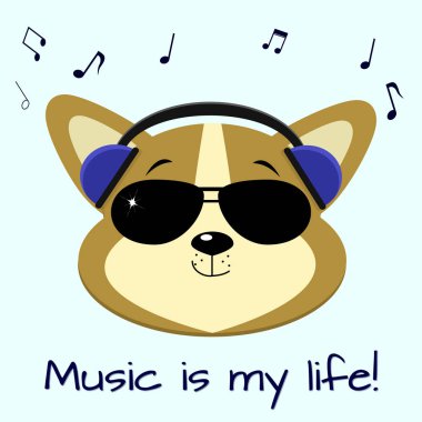 Köpek Corgi müzisyen, mavi kulaklık ve güneş gözlüğü, karikatür tarzı müzik dinlemek.