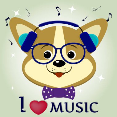Köpek Corgi müzisyen, müzik. Mavi kulaklık, gözlük ve papyon çizgi film tarzı baş.