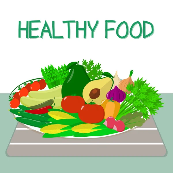 Un conjunto de verduras frescas y orgánicas en un plato blanco sobre una mesa con una servilleta a rayas. Alimento saludable . — Archivo Imágenes Vectoriales