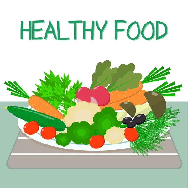 Ein Set frisches Bio-Gemüse auf einem weißen Teller auf einem Tisch mit einer gestreiften Serviette. gesunde Ernährung. — Stockvektor