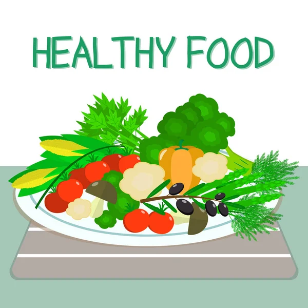 Un ensemble de légumes frais et biologiques sur une assiette blanche sur une table avec une serviette rayée. Aliments sains . — Image vectorielle
