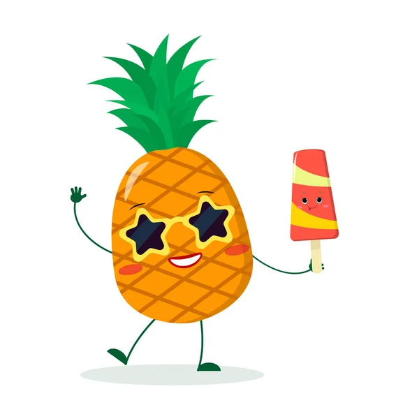 Roztomilý ananas kreslená postava v hvězda sluneční brýle v rukou barevné ice cream. — Stockový vektor