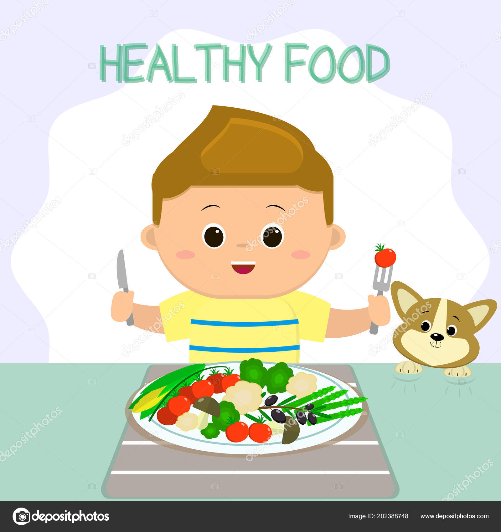 A boy in a T-shirt is sitting at a table, a plate of vegetables. The puppy looks like shit. Healthy food, organic products. Stock Vector Image by ©Lanamay #202388748 A boy in a T-shirt is sitting at a table, a plate of vegetables. The puppy looks like shit. Healthy food, organic products. Stock Vector Image by ©Lanamay #202388748