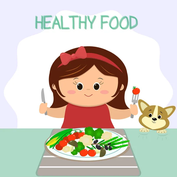 Nettes Mädchen mit Schleife am Tisch, ein Teller mit Gemüse. Der Welpe sieht kitschig aus. gesunde Lebensmittel, biologische Produkte. — Stockvektor