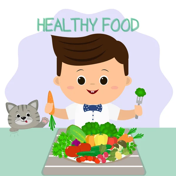 Ein Junge mit Fliege an einem Tisch, ein Teller mit Gemüse. sucht die Katze. gesunde Lebensmittel, biologische Produkte. — Stockvektor