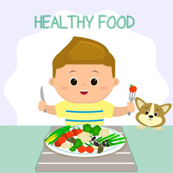 Ein Junge im T-Shirt sitzt an einem Tisch, ein Teller mit Gemüse. Der Welpe sieht aus wie Scheiße. gesunde Lebensmittel, biologische Produkte. — Stockvektor