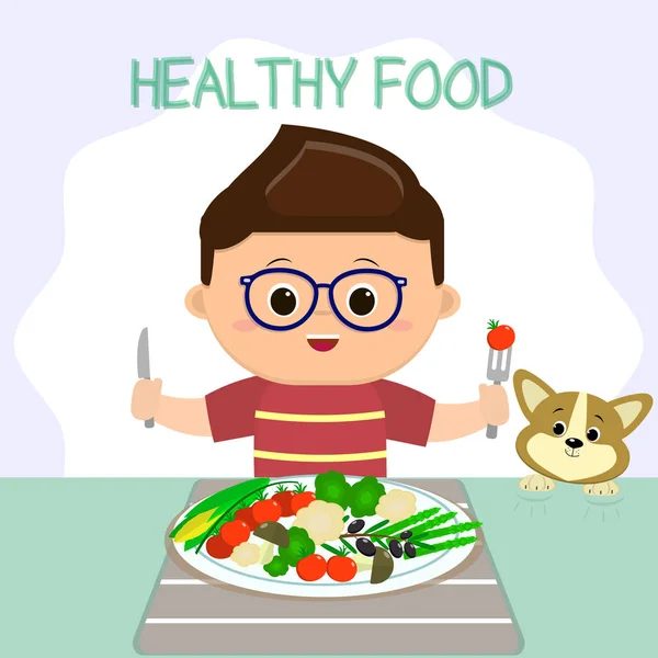 Ein Junge in Gläsern sitzt an einem Tisch, ein Teller mit Gemüse. Der Welpe sieht aus wie Scheiße. gesunde Lebensmittel, biologische Produkte. — Stockvektor