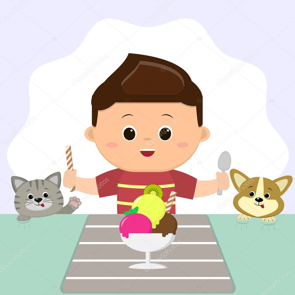 A boy in a red T-shirt is sitting at a table and eating ice cream. The cat and the dog are watching.