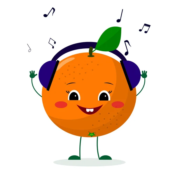 Un lindo personaje naranja en estilo de dibujos animados escuchando música en los auriculares . — Archivo Imágenes Vectoriales
