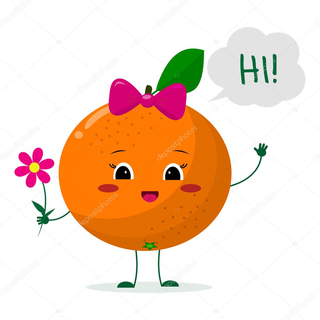 Cute Orange cartoon character with a pink bow holding a flower and welcomes.