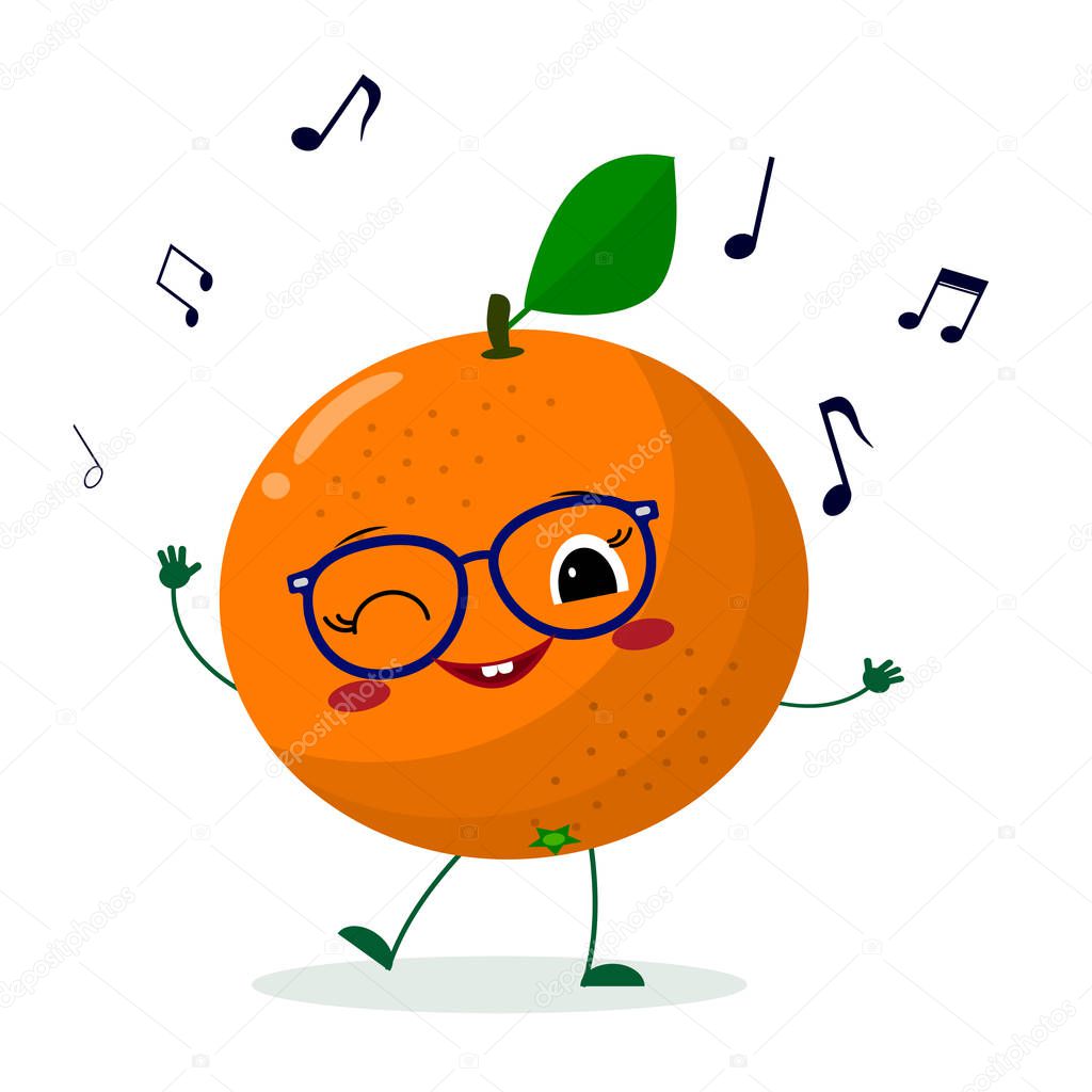 Cute Orange cartoon character in glasses dances to music.