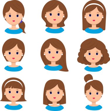 Güzel genç kadın portresi modern moda uzun saç, kısa saç, kıvırcık kuaför saç stilleri ve beyaz arka planda izole edilmiş moda saç kesim ikonu..