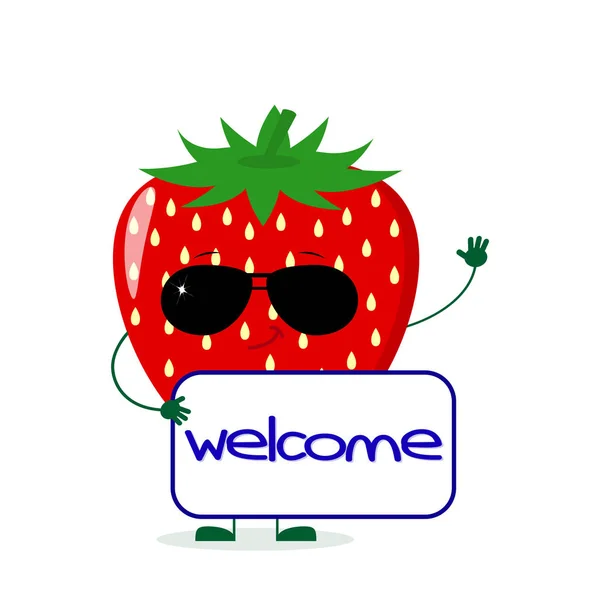 Lindo personaje de fresa en gafas de sol mantiene el letrero de bienvenida . — Vector de stock