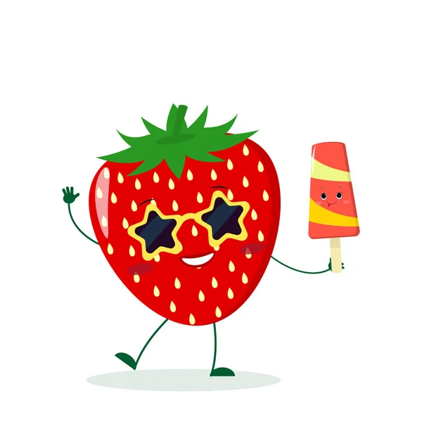 Lindo personaje de dibujos animados fresa en gafas de sol estrella en las manos de un helado de colores . — Vector de stock