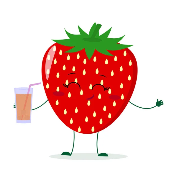 Söt Jordgubbe seriefigur som håller ett glas med juice. — Stock vektor