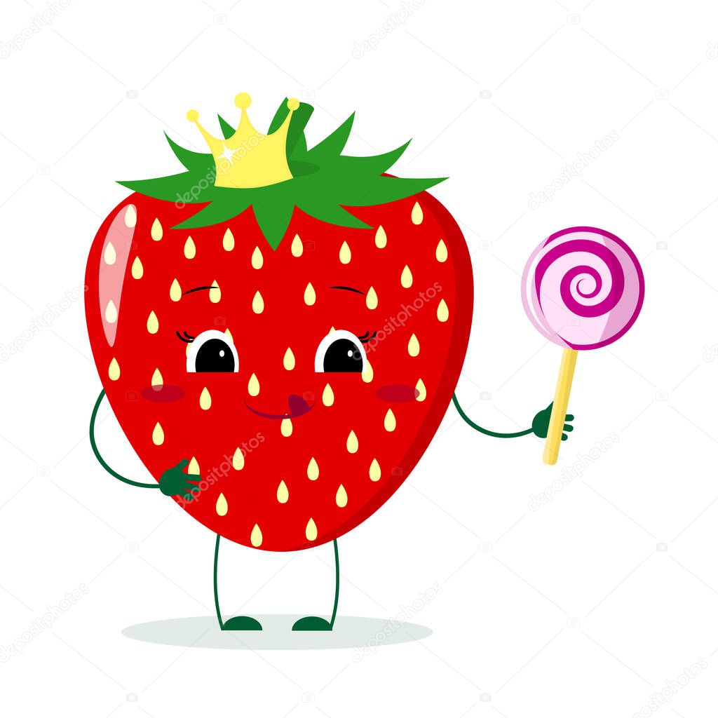 Cute Strawberry cartoon character with crown holds a lollipop.