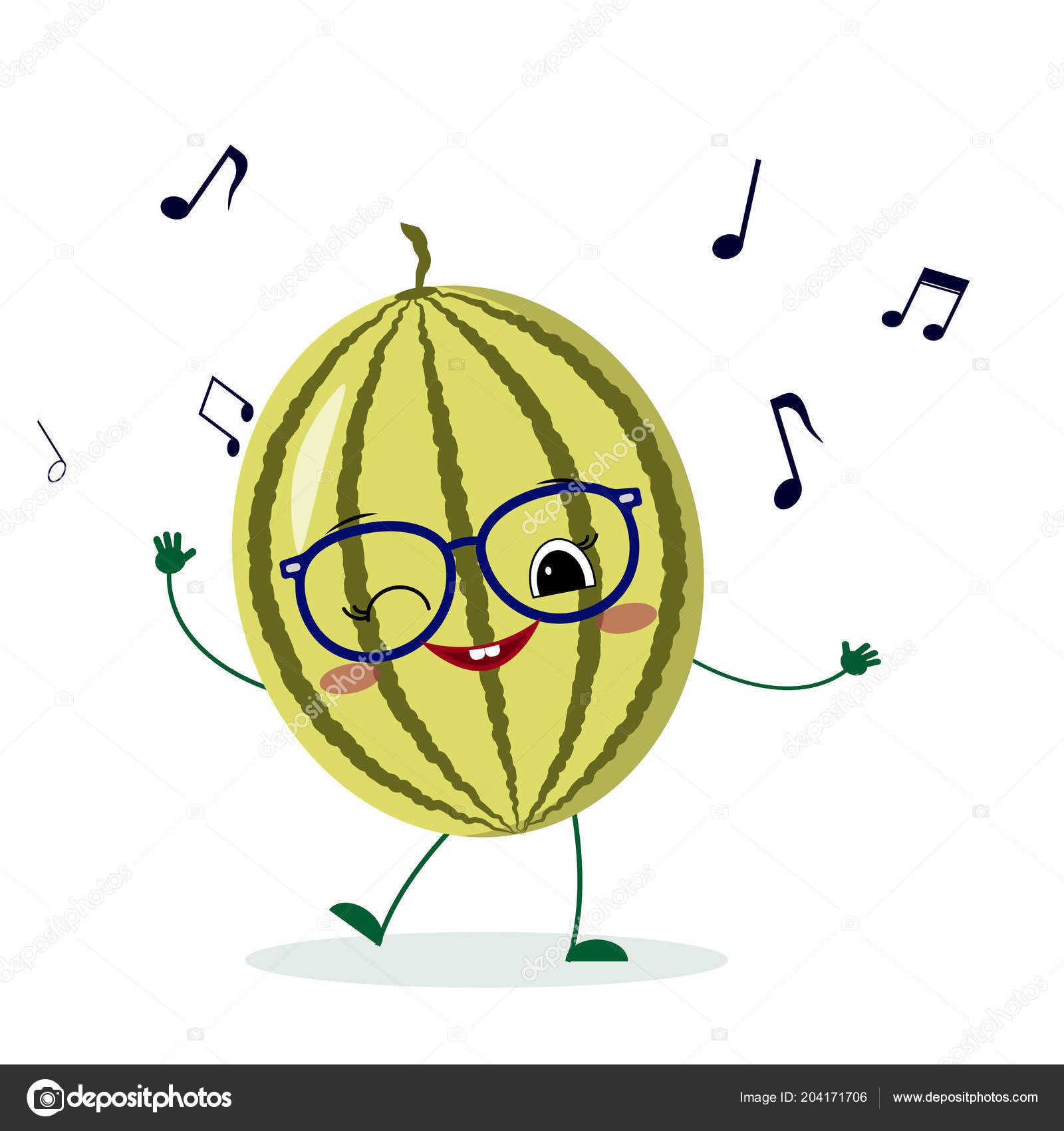 Cute Watermelon Cartoon Character Glasses Dances Music Vector