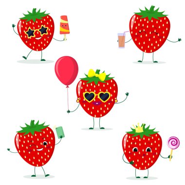 Bir dizi karikatür tarzı beş Çilek surat. Dondurma, lolipop, suyu, selfie telefon ile ile ile bir balon ile gözlüklü. Düz, vektör.