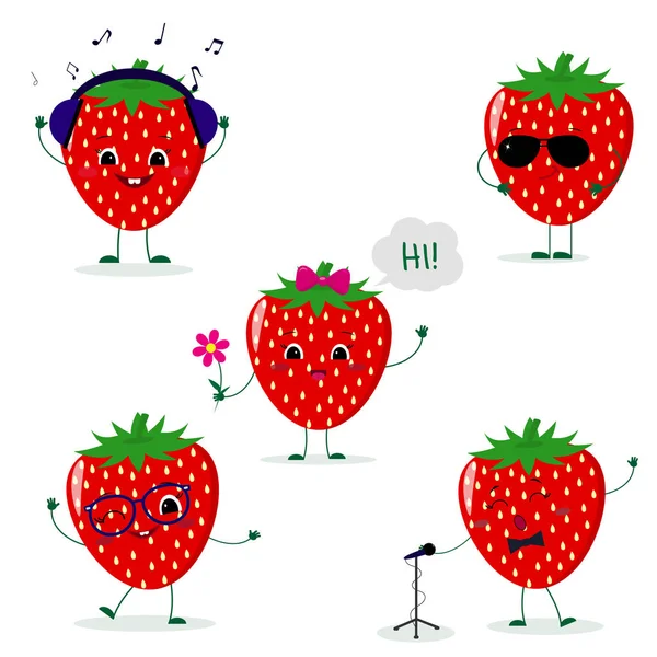 Conjunto Cinco Strawberry Smiley Estilo Dibujos Animados Auriculares Gafas Sol — Vector de stock