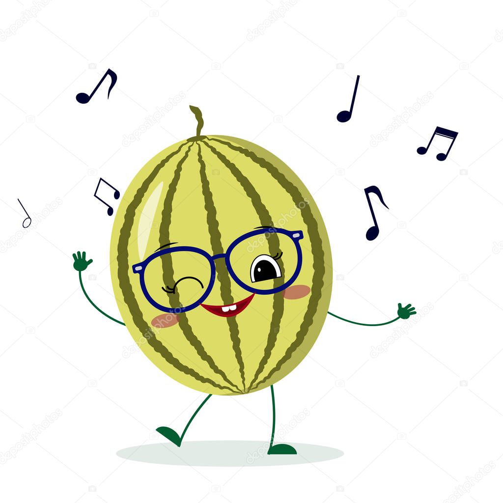 Cute watermelon cartoon character in glasses dances to music. Vector illustration, a flat style.