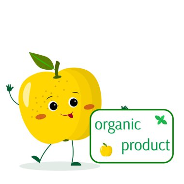 Sevimli sarı elma çizgi film karakteri bir tabak organik gıdaların tutar. Vektör çizim, düz bir stil.