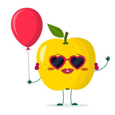 Sevimli sarı elma çizgi film karakteri güneş gözlüğü kalpler, yay ve küpe. Bir kırmızı hava balonu tutar. Vektör çizim, düz bir stil.