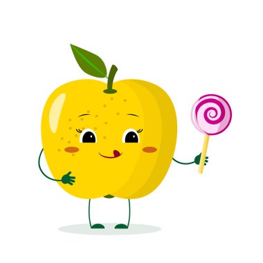 Sevimli sarı elma çizgi film karakteri crown ile bir lolipop tutan. Vektör çizim, düz bir stil.