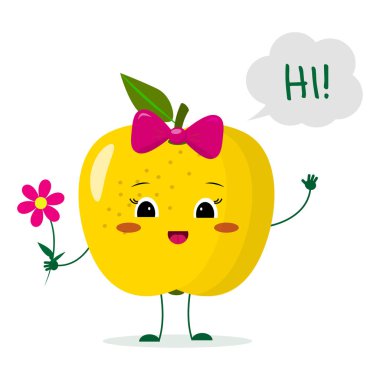 Holding bir çiçek ve memnuniyetle bir pembe Fiyonklu Sevimli sarı elma çizgi film karakteri. Vektör çizim, düz bir stil.