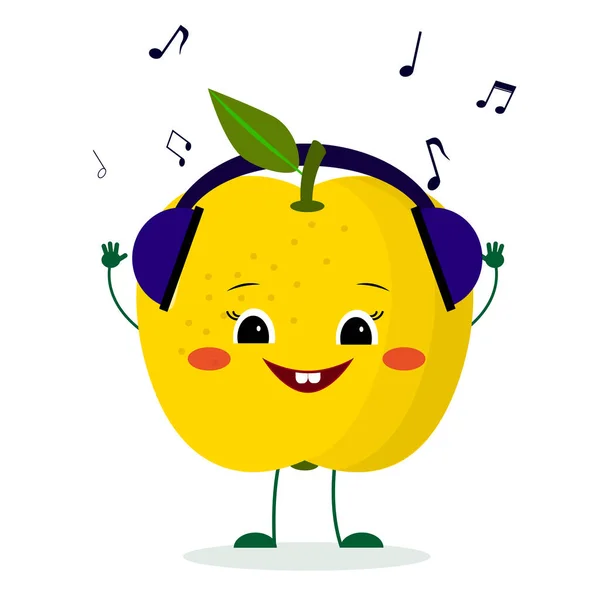 Cute Yellow Apple Character Cartoon Style Listening Music Headphones Vector — Stock Vector