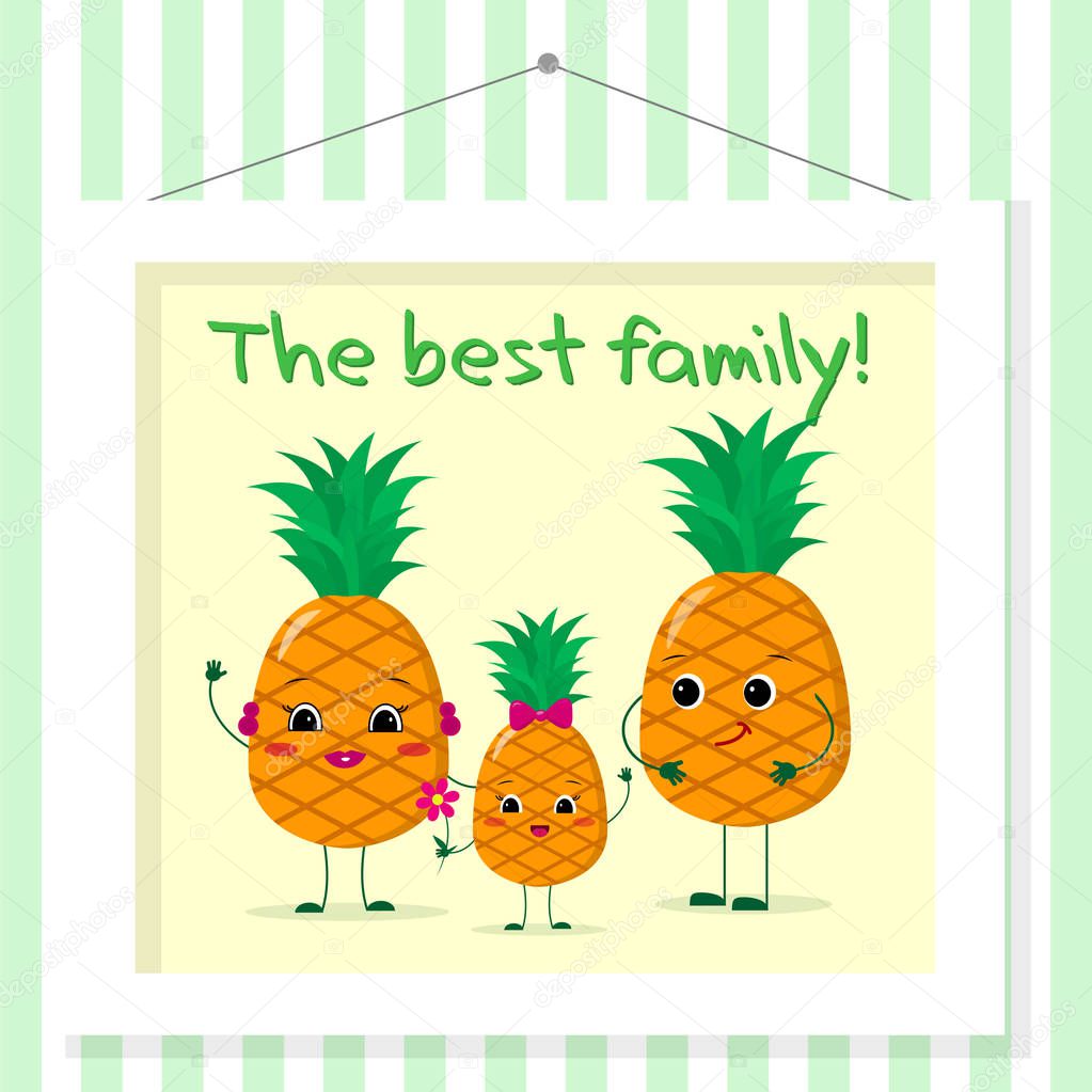 Family of pineapples smileys, mom, dad and kid in cartoon style. Pictured in a painting that hangs on a striped wall. Vector illustration, a flat style.
