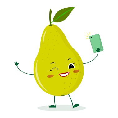 Tatlı armut yeşil çizgi film karakteri ile smartphone ve does selfie.