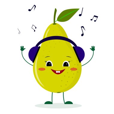 Bir tatlı armut yeşil karakter karikatür tarzı kulaklıklar müzik dinlemek.