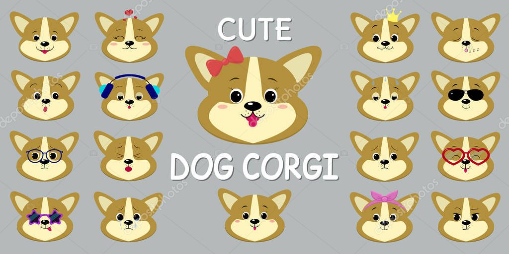 Puppy Dog Corgi smiley, a mega set of different emotions. Cartoon style, flat design, vector illustration
